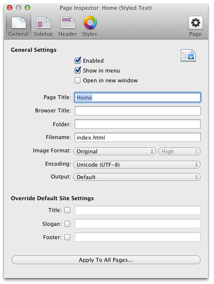 Page Inspector "General" Page Options