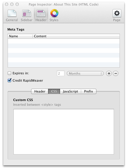 Header Section in Page Inspector