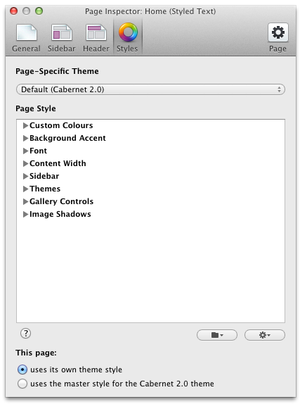 Styles Options in Page Inspector