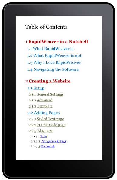 Table of Contents Screenshot on Kindle Fire