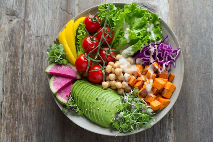 Prepared rice bowl with vegetables